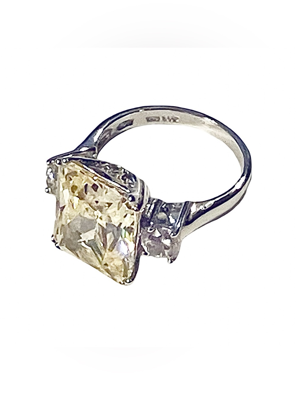 Vintage 925 Sterling Silver Canary Yellow CZ Three Stone Cocktail Ring Sz 8